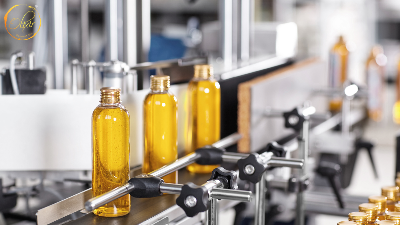 Cold pressed oil bottling process in factory