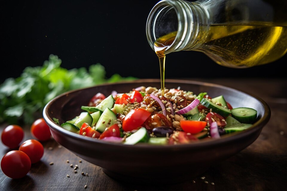 Cold pressed oil being poured on fresh vegetable salad